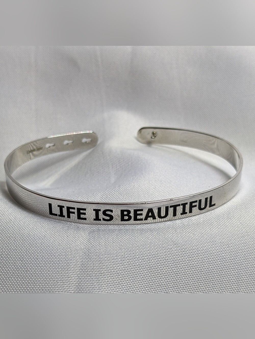 Chelsea Taylor "LIFE IS BEAUTIFUL" Adjustable Bangle Bracelet, Rhodium Plated